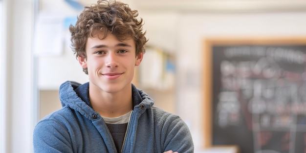 Photo un jeune élève debout devant un tableau blanc