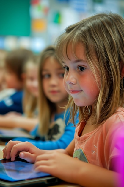 Un jeune élève s'est concentré sur une activité éducative sur tablette en classe.