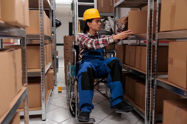 Jeune employé d'entrepôt asiatique en fauteuil roulant prenant le colis de l'étagère. Préparateur de commandes d'entrepôt avec handicap physique cherchant une boîte en carton tout en travaillant dans la salle de stockage