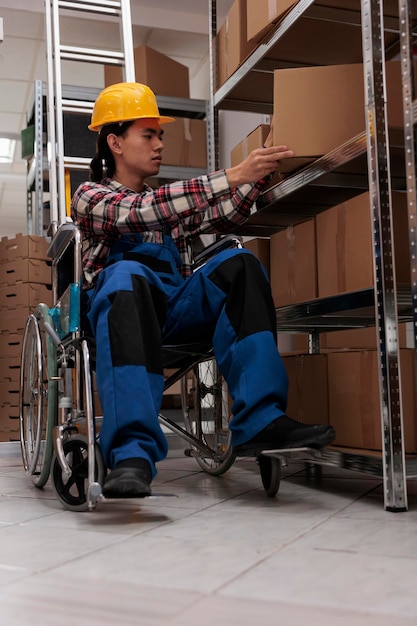 Jeune employé d'entrepôt asiatique utilisant un fauteuil roulant tout en faisant l'inventaire dans la salle de stockage. Responsable logistique avec handicap physique vérifiant le colis de marchandises sur une étagère dans un entrepôt