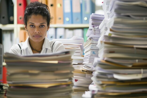 Photo une jeune employée avec de grandes piles de documents.