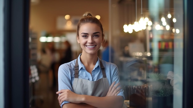 une jeune employée joyeuse travaillant dans un café