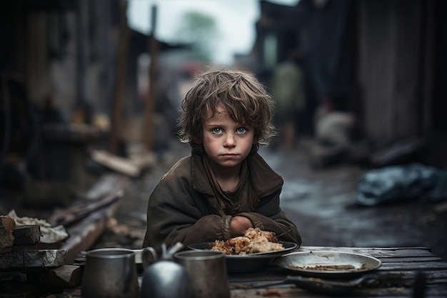 Un jeune enfant affamé dans un besoin désespéré regarde Generative Ai