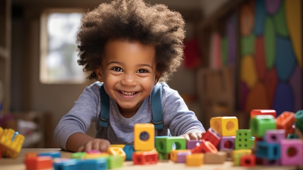 un jeune enfant afro-américain jouant avec des jouets en blocs de bois colorés