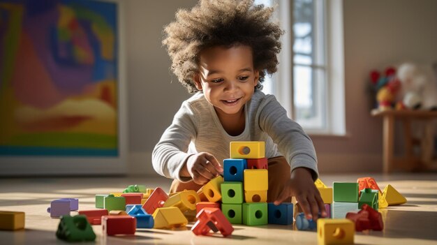 un jeune enfant afro-américain jouant avec des jouets en blocs de bois colorés