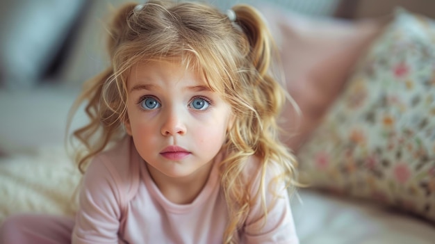 Un jeune enfant assis sur le lit.