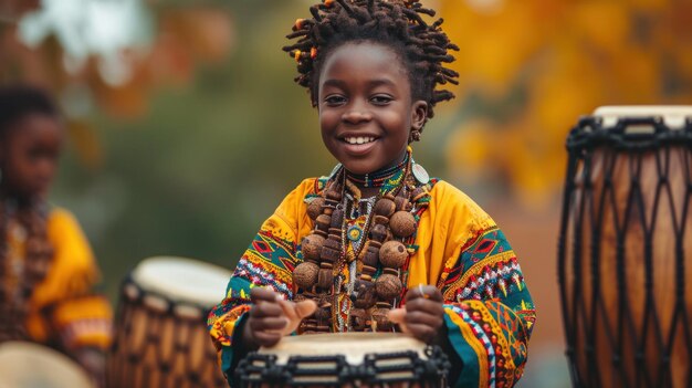 Photo un jeune enfant aux cheveux afro souriant en jouant de la batterie ai