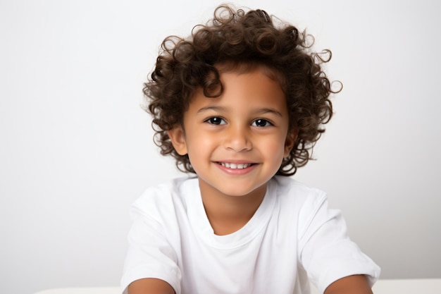 un jeune enfant aux cheveux bouclés assis à une table