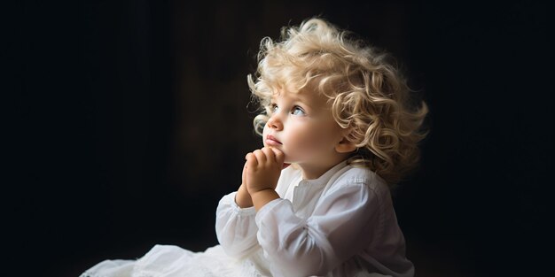 Un jeune enfant aux cheveux bouclés regarde vers le haut, la main sur le menton, réfléchi et rêveur.