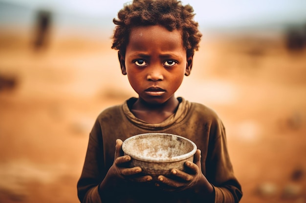 Un jeune enfant aux yeux remplis de nostalgie tenant un bol vide au milieu d'un paysage stérile