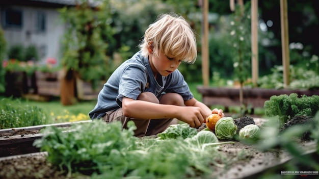 un jeune enfant blond plantant un légume dans leur jardin