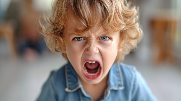 Photo un jeune enfant avec des cheveux blonds et une chemise bleue faisant un visage ai