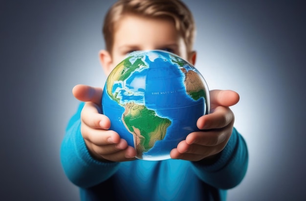 Un jeune enfant dans un pull bleu tenant un petit globe vers la caméra symbolisant les générations futures se soucient de la Terre