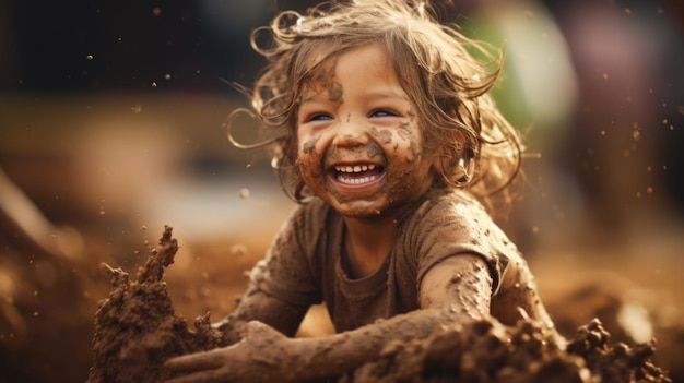 Un jeune enfant est couvert de boue.