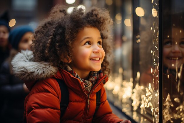 Un jeune enfant excité regardant dans la vitrine d'un magasin décoré pour Noël et les vacances