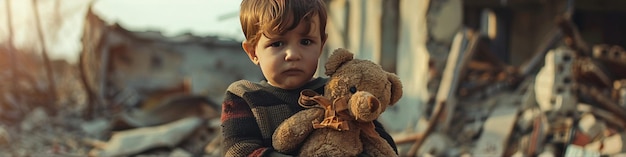 Un jeune enfant avec une expression poignante tenant un ours en peluche