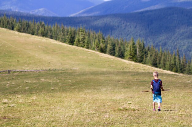 Jeune enfant heureux garçon avec sac à dos marchant dans la vallée herbeuse de montagne sur fond de montagne boisée d'été. Concept d'activité, mode de vie actif et aventure week-end.