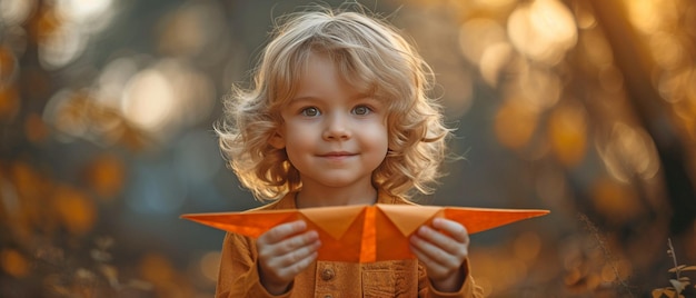 un jeune enfant heureux volant un avion en papier