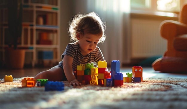 jeune enfant jouant avec des blocs de construction sur le sol