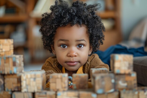 Un jeune enfant joue avec des cubes