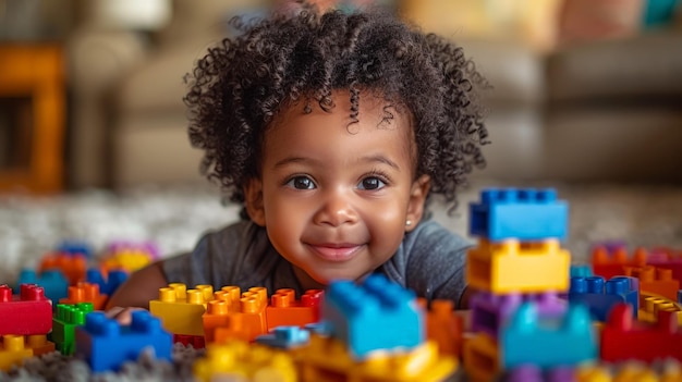 Un jeune enfant joue avec des Legos sur le sol