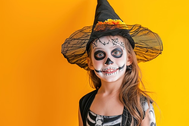 Jeune enfant joyeux dans un costume de squelette avec peinture de visage ludique célébrant Halloween contre