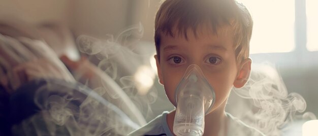 Photo un jeune enfant avec un masque de nébuliseur regardant pensivement au milieu de la vapeur