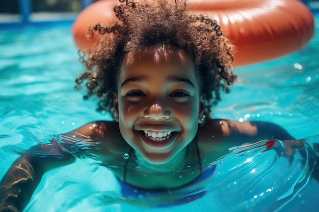 Un jeune enfant nageant dans une piscine avec des ailes d'eau gonflables brillantes