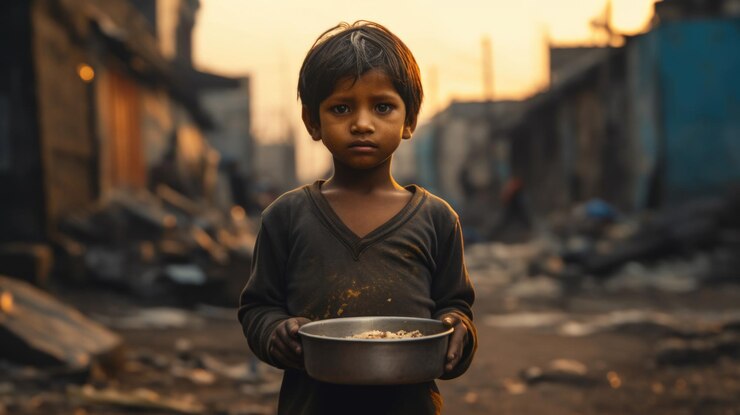 Un jeune enfant noir d'un pays en développement exprime la faim et la malnutrition, soulignant les disparités socio-économiques mondiales générées par l'IA