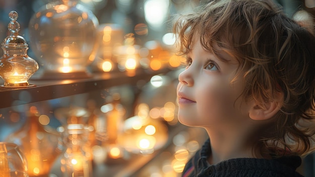 Un jeune enfant observe des jarres de verre