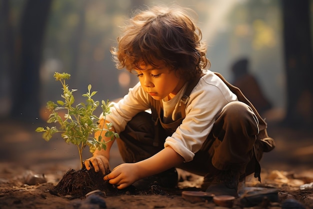 Photo un jeune enfant plante un semis pour une plante ou un arbre