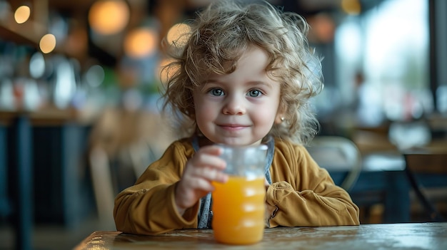 Photo un jeune enfant sirotant du jus dans un espace de copie d'un restaurant ia générative