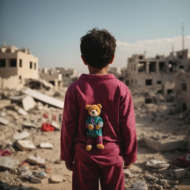 Jeune enfant avec son stand de jouets devant sa maison détruite en guerre