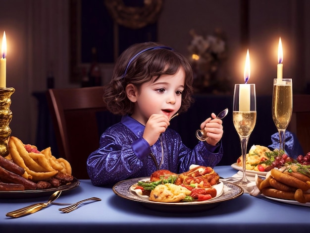 Jeune enfant à la table de dîner de Hanouka avec une délicieuse nourriture avec une décoration de vin, de l'élégance du champagne