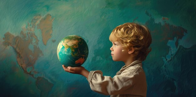Jeune enfant tenant un globe sur fond bleu Concept futur de l'éducation et de l'environnement