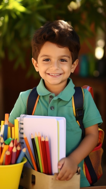 Un jeune enfant tenant un livre et souriant entouré de fournitures scolaires comme des crayons et des cahiers