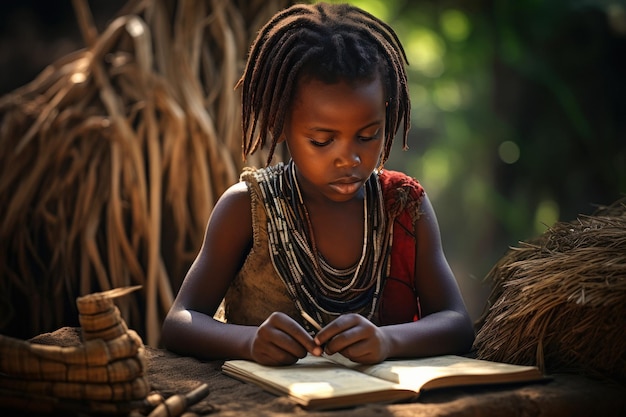 Un jeune enfant d'une tribu africaine apprend à écrire dans un village.