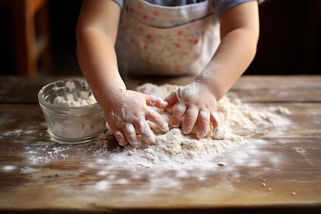 Un jeune enfant039s les mains couvertes de farine faisant des biscuits sur une table de cuisine bien usée