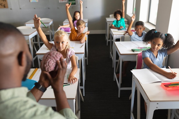 Un jeune enseignant afro-américain montre un modèle cérébral à des élèves élémentaires multiraciaux en classe. Inaltéré, éducation, apprentissage, enfance, occupation, enseignement, science et concept scolaire.