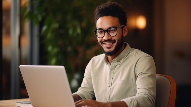 Jeune enseignant afro-américain travaillant en ligne sur un ordinateur portable tout en étant assis en classe