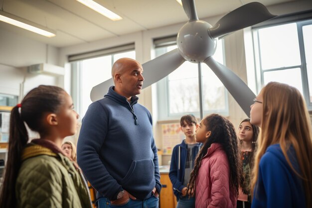 Un jeune enseignant avec un modèle d'éolienne enseigne aux élèves l'énergie éolienne