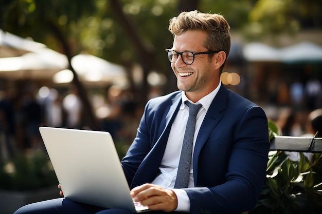 Jeune enseignante heureuse en tenue formelle et lunettes donnant des leçons en ligne assise avec un ordinateur portable à l'extérieur