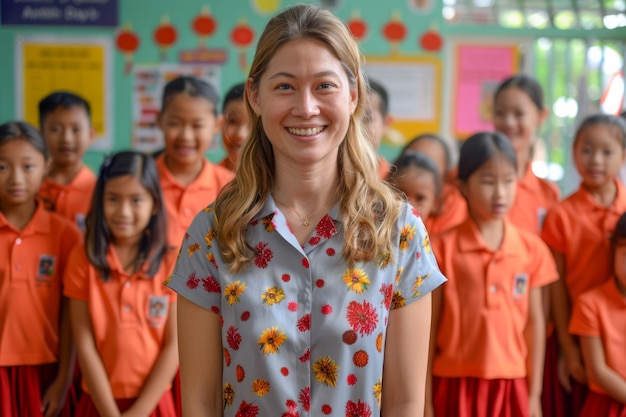 Une jeune enseignante souriante debout avec un groupe d'étudiants élémentaires heureux dans un spectacle coloré