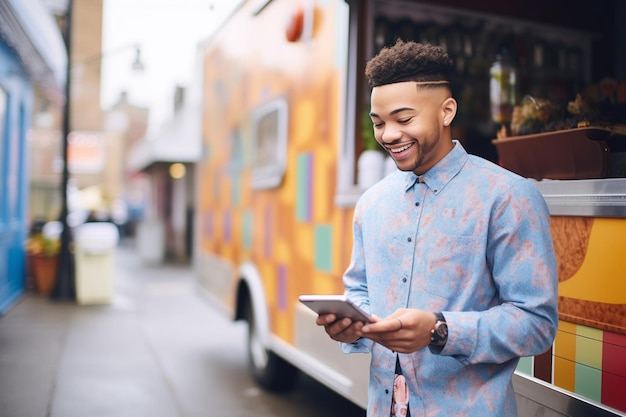 Jeune entrepreneur utilisant une tablette devant son food truck