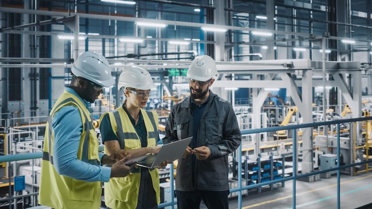 Photo une jeune équipe de spécialistes d'usines automobiles travaillant sur des ordinateurs portables et tablettes, des ingénieurs discutant de la technologie de fabrication industrielle automobile dans une usine d'assemblage de véhicules modernes.