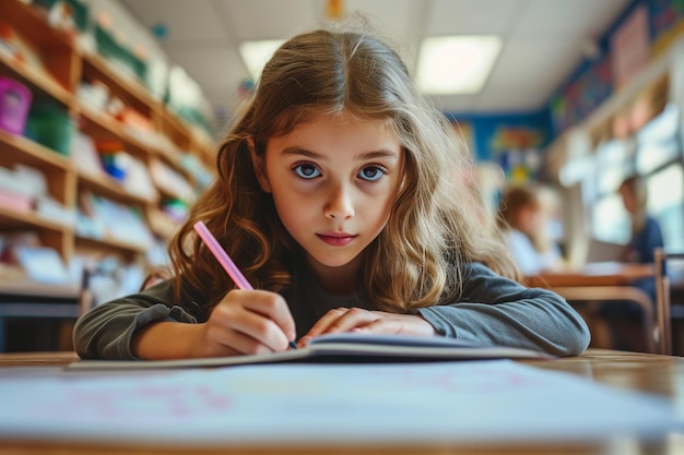 Photo un jeune érudit diligent s'engage avec un cahier en classe