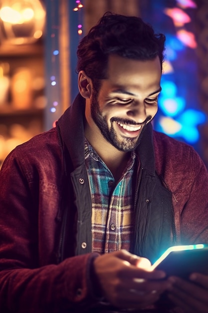 Un jeune Espagnol émet de la joie en vérifiant son smartphone généré par l'intelligence artificielle