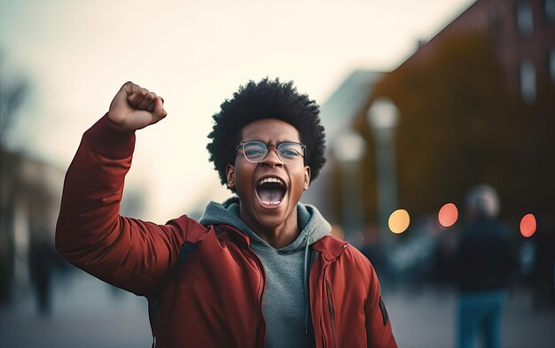 Un jeune étudiant afro-américain déterminé fier et confiant se bat et proteste avec