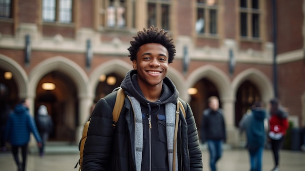 Un jeune étudiant afro-américain souriant est debout.