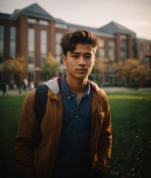 Photo un jeune étudiant aisan confiant sur le campus.